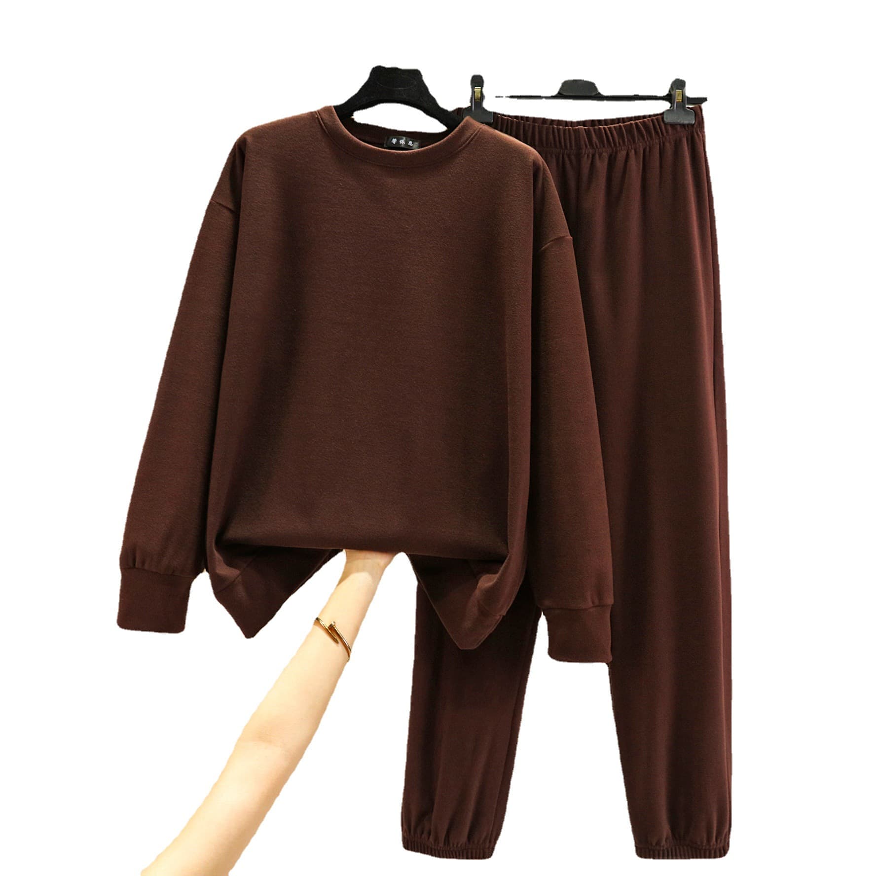 Velvet keep warm autumn demi-season set with a round collar, long-sleeve, trousers, Korean style, increased thickness 5