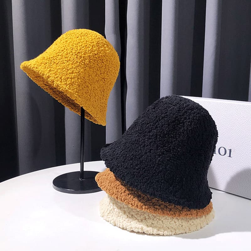 New Teddy Velvet Basin Hat Hats Japanese Fisherman Hat Female Female Autumn and Winter Pure Color Lamb Moles Warm Amazing Western Hat
