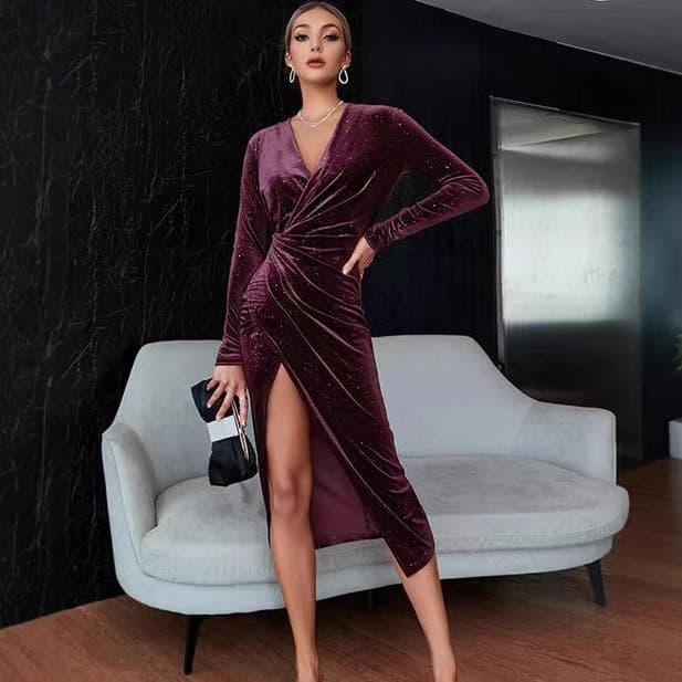 Velvet demi-season evening dress, European style, V-neckline 2