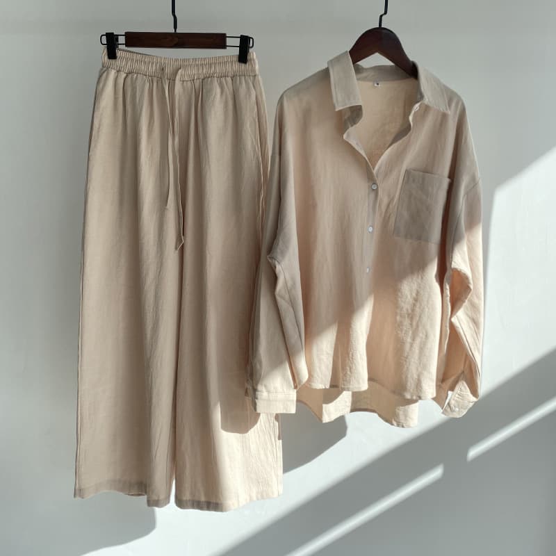 (Cross-border trading), retro set, shirt, trousers, Amazon, 2 pieces, plus size, cotton and linen, high waist 4