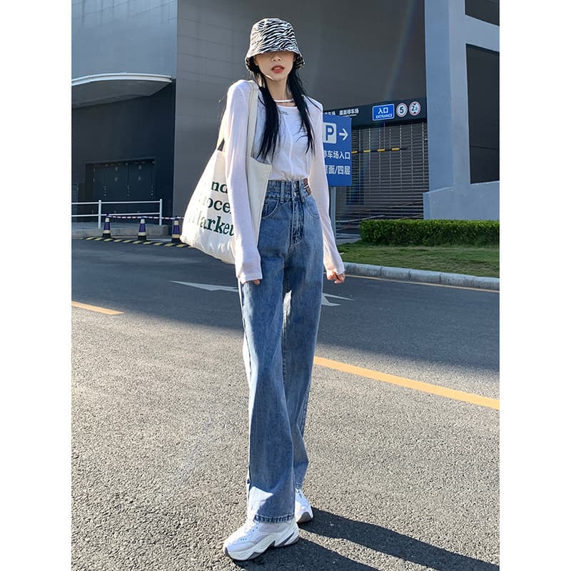 Spring jeans, trousers, high waist, loose straight fit, for teenagers 2