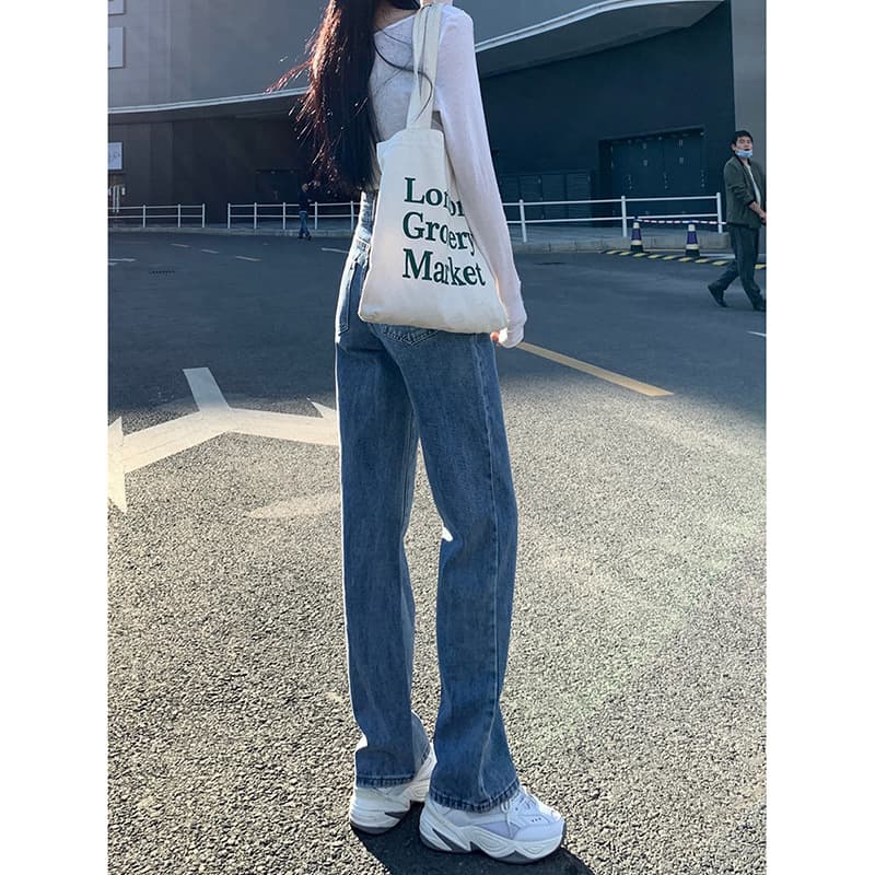 Spring jeans, trousers, high waist, loose straight fit, for teenagers 4