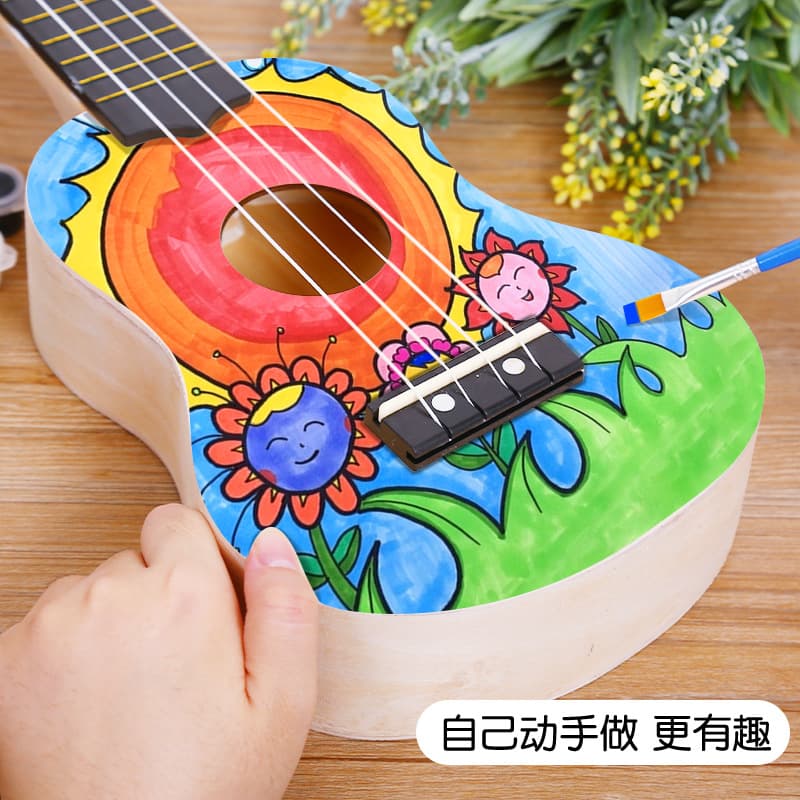 Ukulele with a score, guitar, materials set, wooden musical instruments, toy for mother's day, DIY, graffiti 2