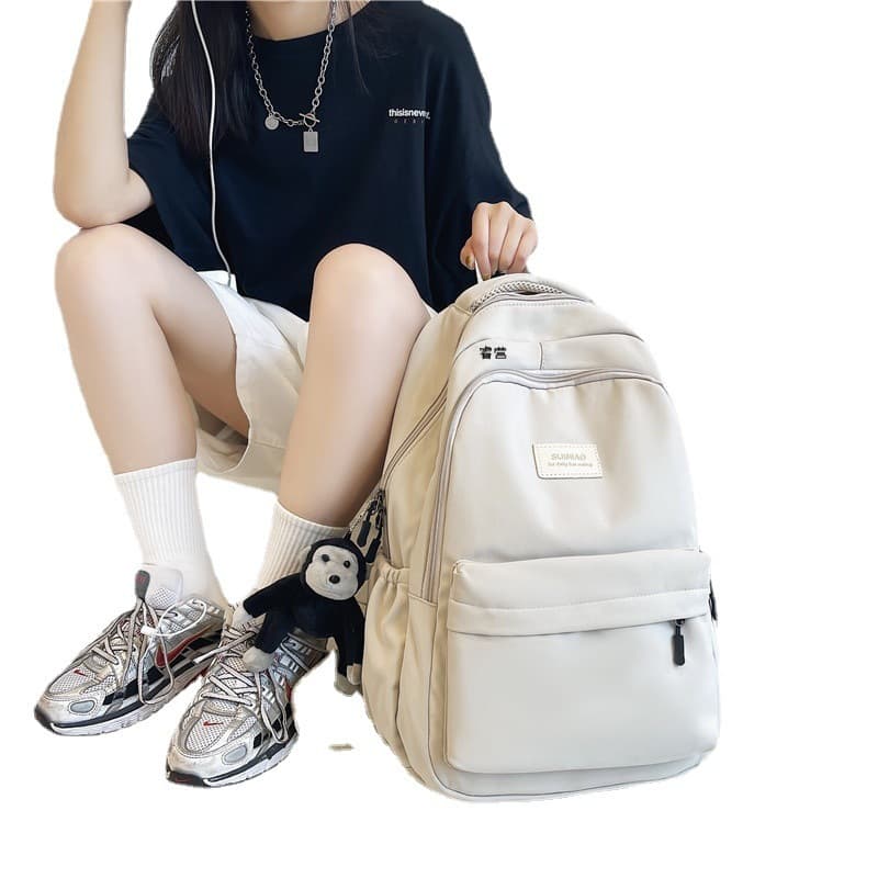 Solid color backpack, school bag, capacious shoulder bag, Korean style, for secondary school, simple and elegant design 5