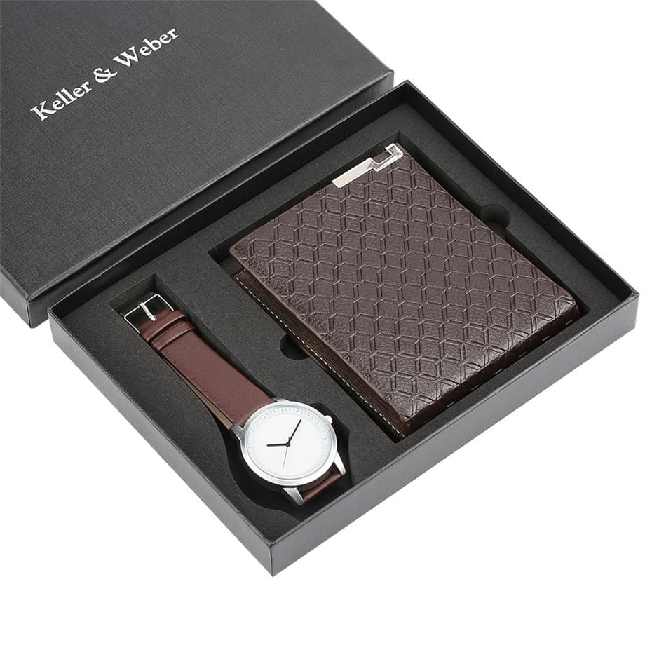 Quartz Wrist Watch Leather Wallet Gift Set for Boyfriend men