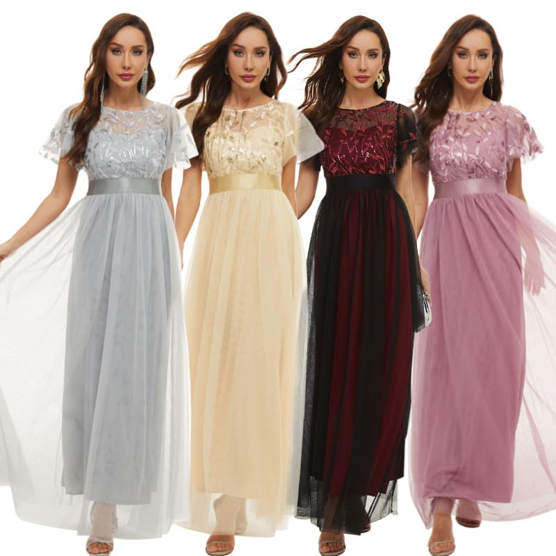 Mini-skirt with a round collar, elegant fitted evening dress, cocktail dress, with sequins, with short sleeve, tutu skirt, for bridesmaid 2