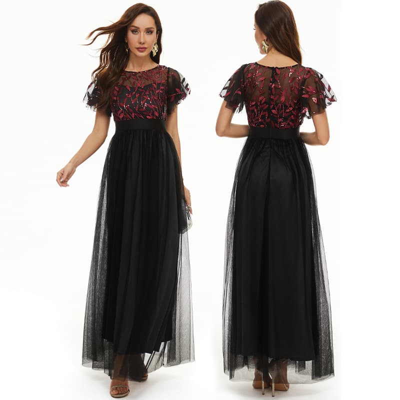 Mini-skirt with a round collar, elegant fitted evening dress, cocktail dress, with sequins, with short sleeve, tutu skirt, for bridesmaid 4