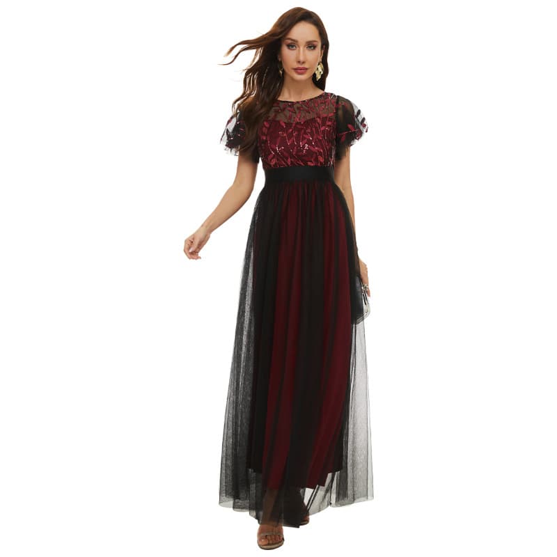 Mini-skirt with a round collar, elegant fitted evening dress, cocktail dress, with sequins, with short sleeve, tutu skirt, for bridesmaid 5