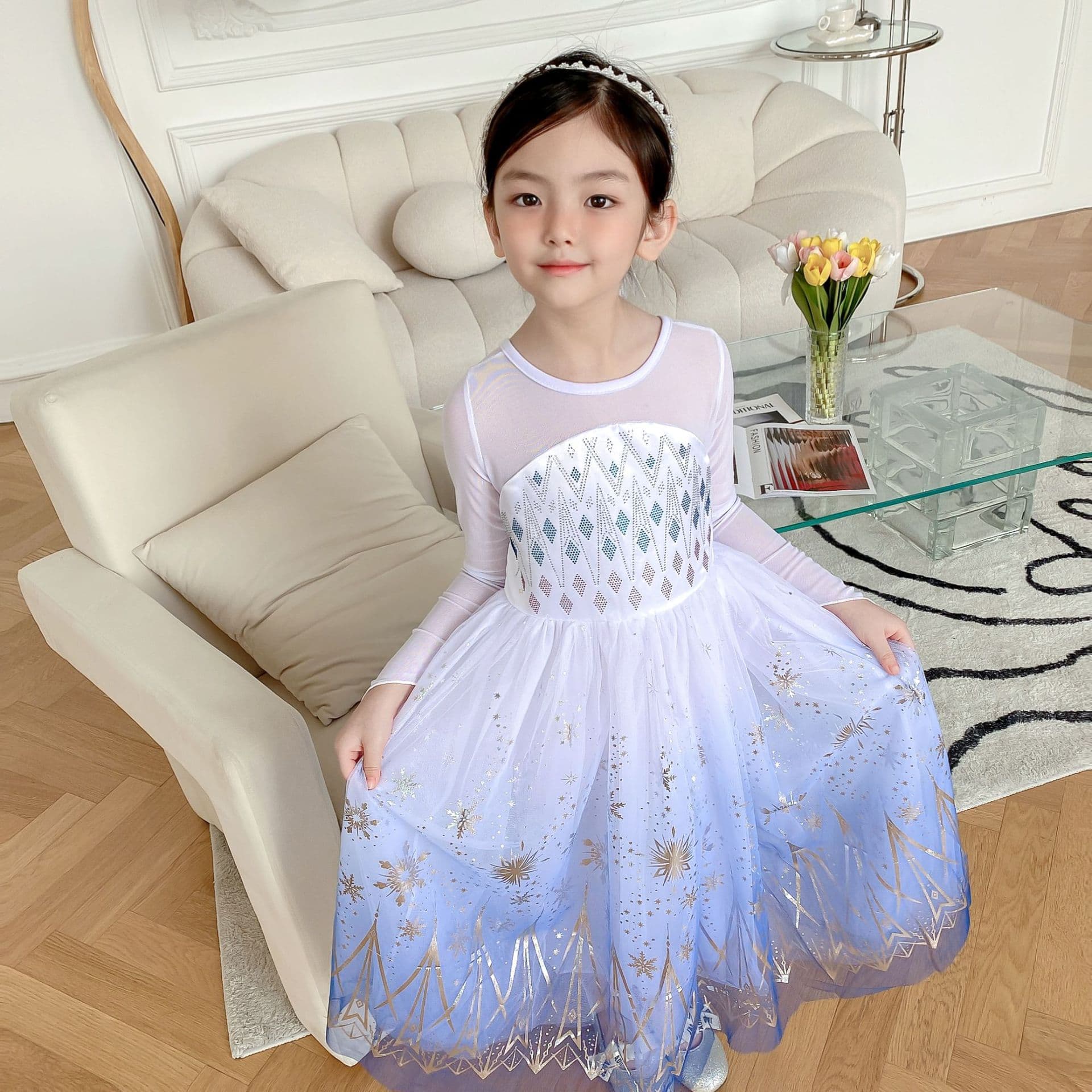 Small princess costume, dress, long-sleeve, “Frozen”, with snowflakes, sun protection 2