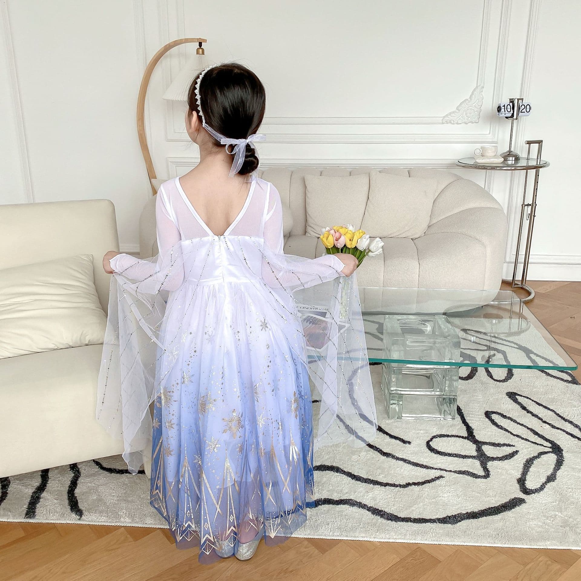 Small princess costume, dress, long-sleeve, “Frozen”, with snowflakes, sun protection 4