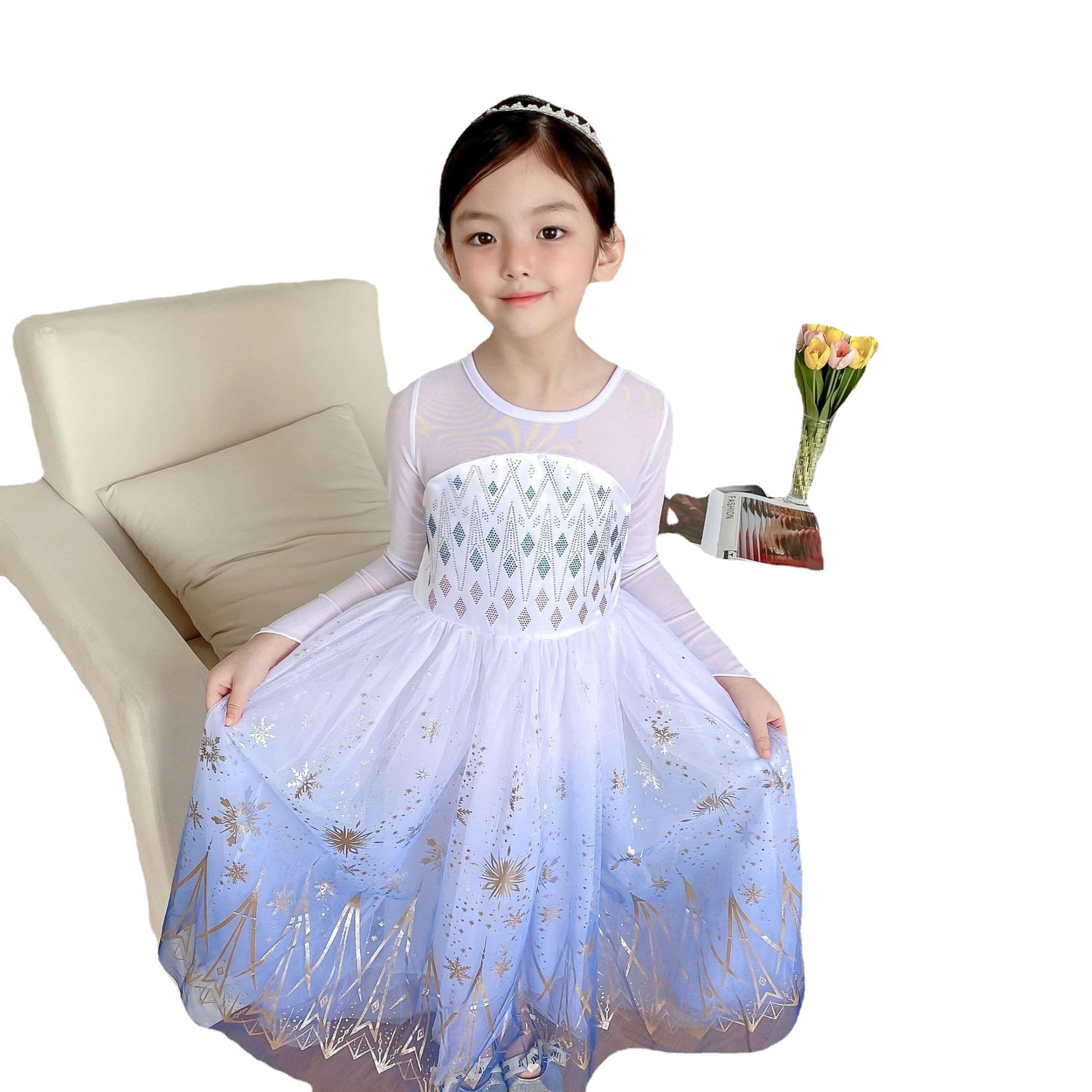 Small princess costume, dress, long-sleeve, “Frozen”, with snowflakes, sun protection 5