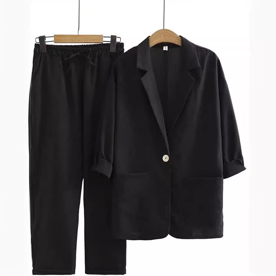 Set, suit, autumn trousers for leisure, cotton and linen, 2 pieces, loose fit 2