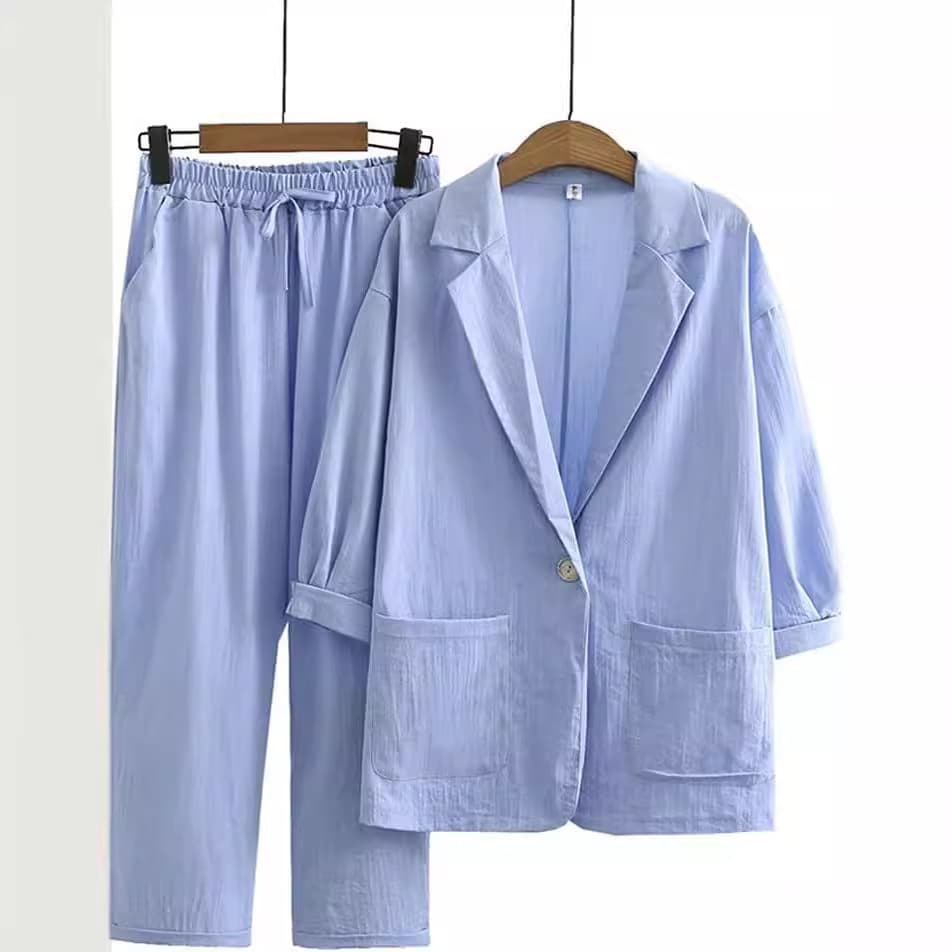 Set, suit, autumn trousers for leisure, cotton and linen, 2 pieces, loose fit 3