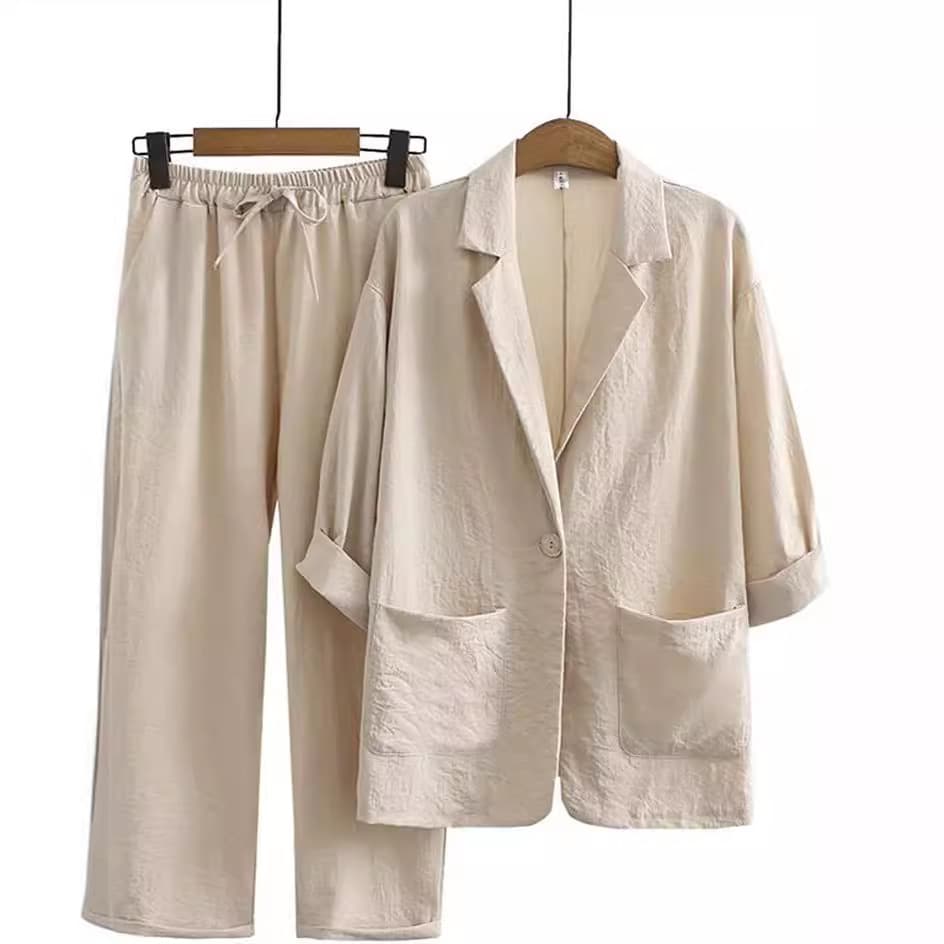 Set, suit, autumn trousers for leisure, cotton and linen, 2 pieces, loose fit 4