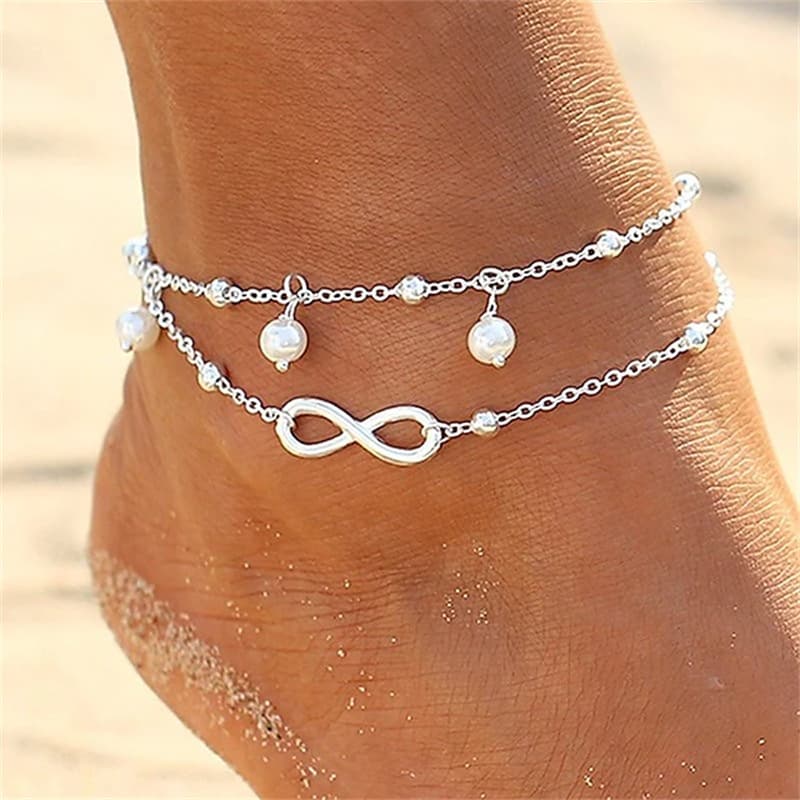 Ankle Bracelet Simple Stylish European Women's Body Jewelry for Everyday Layered Imitation Pearl Alloy Infinity Silver 2