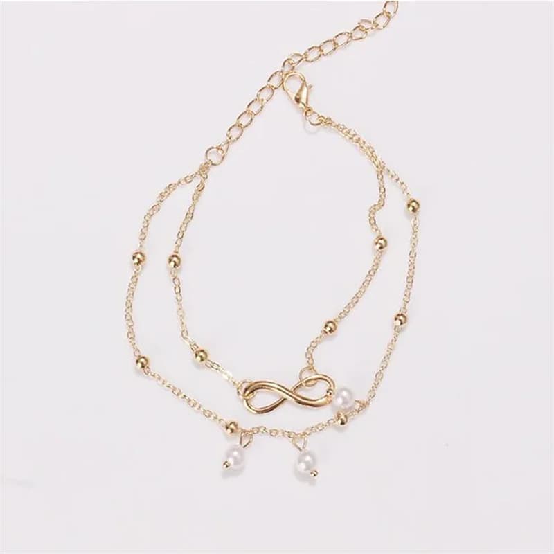 Ankle Bracelet Simple Stylish European Women's Body Jewelry for Everyday Layered Imitation Pearl Alloy Infinity Silver 3