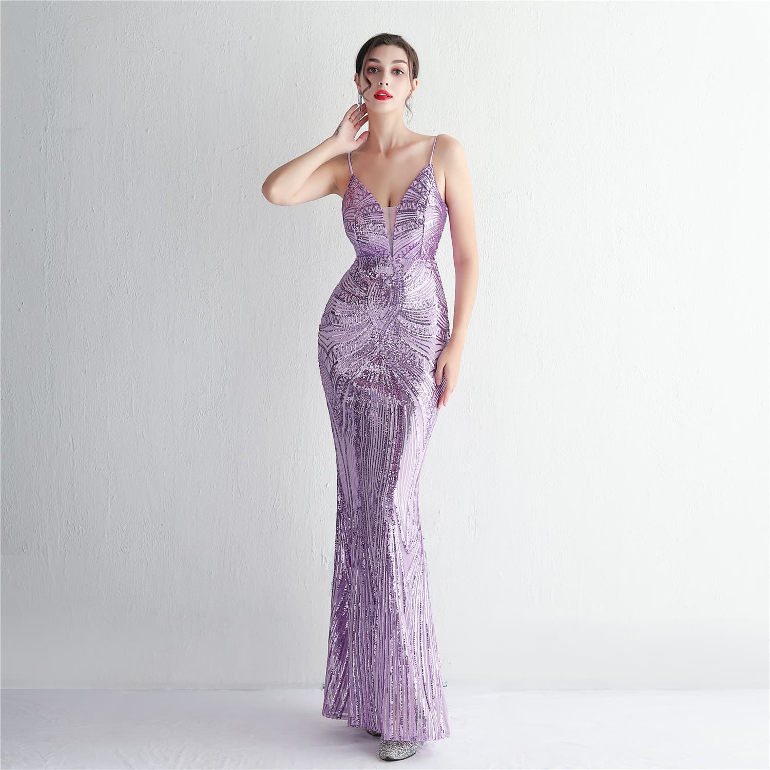Elegant long evening dress, city style, with sequins, slim fit