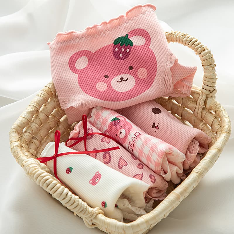 Fuchsia Cartoon Strawberry Cotton Trousers with Little Bears 3