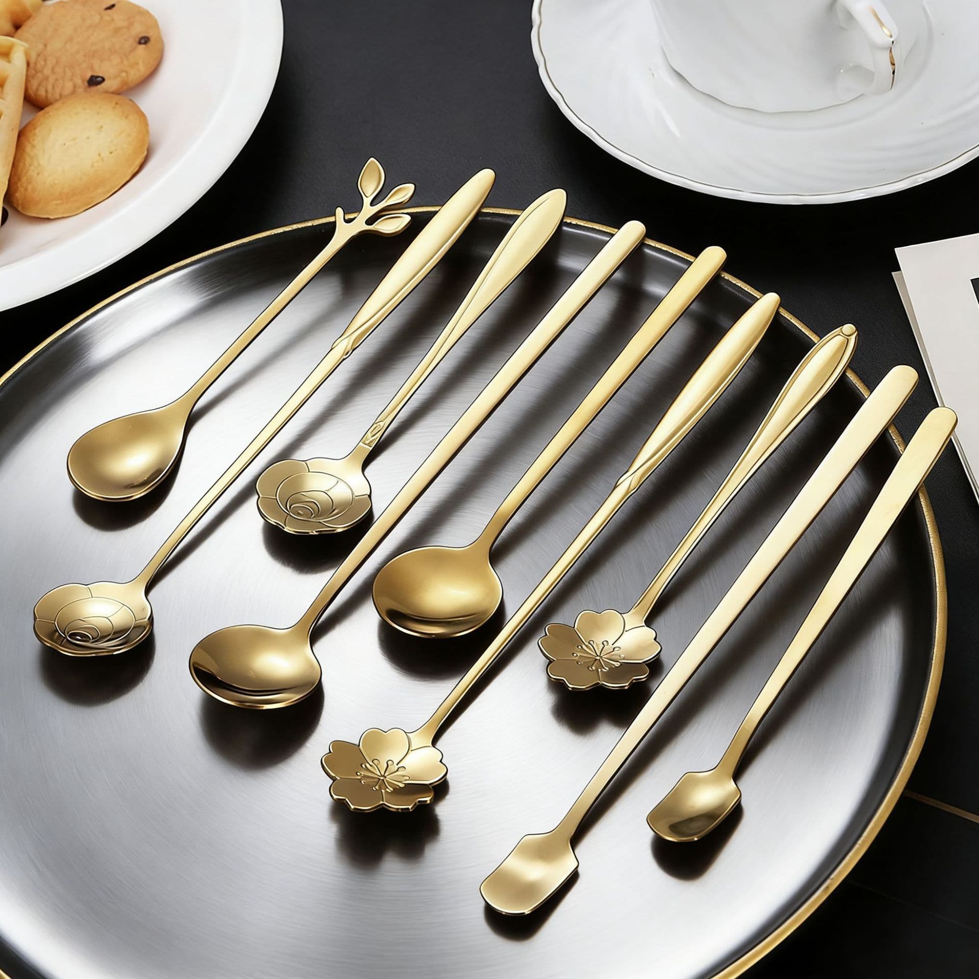 Stainless steel cherry blossom spoon all kinds of leaf spoons, golden round spoons, short -handle coffee spoons, long -handles, long -handle cup spoons 2