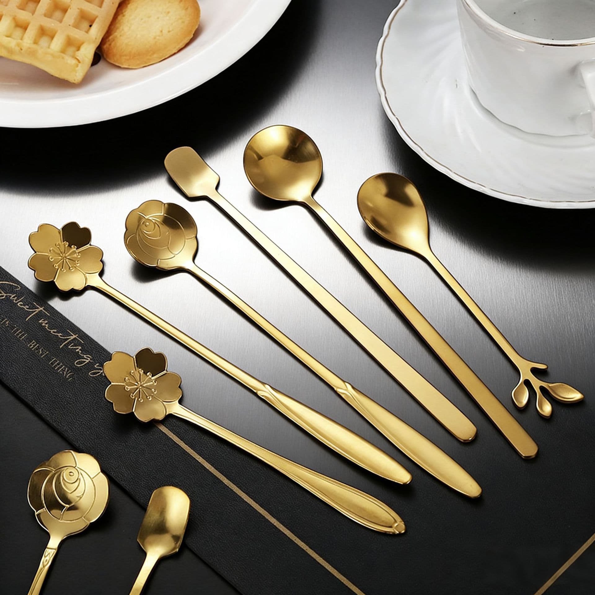 Stainless steel cherry blossom spoon all kinds of leaf spoons, golden round spoons, short -handle coffee spoons, long -handles, long -handle cup spoons 3