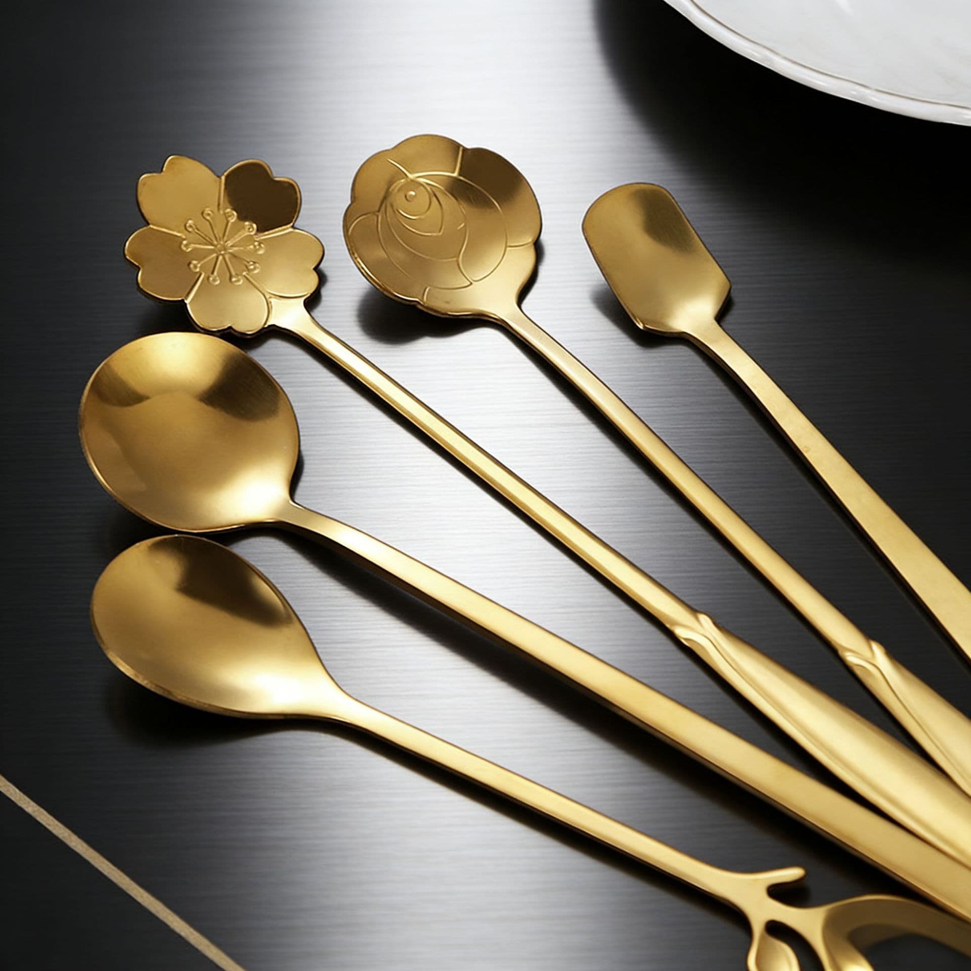 Stainless steel cherry blossom spoon all kinds of leaf spoons, golden round spoons, short -handle coffee spoons, long -handles, long -handle cup spoons 4