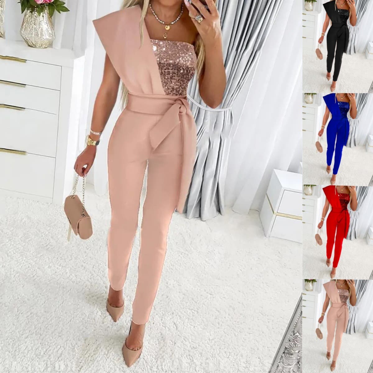 (Cross-border trading), solid color overall, belt sleevless, trousers, European style