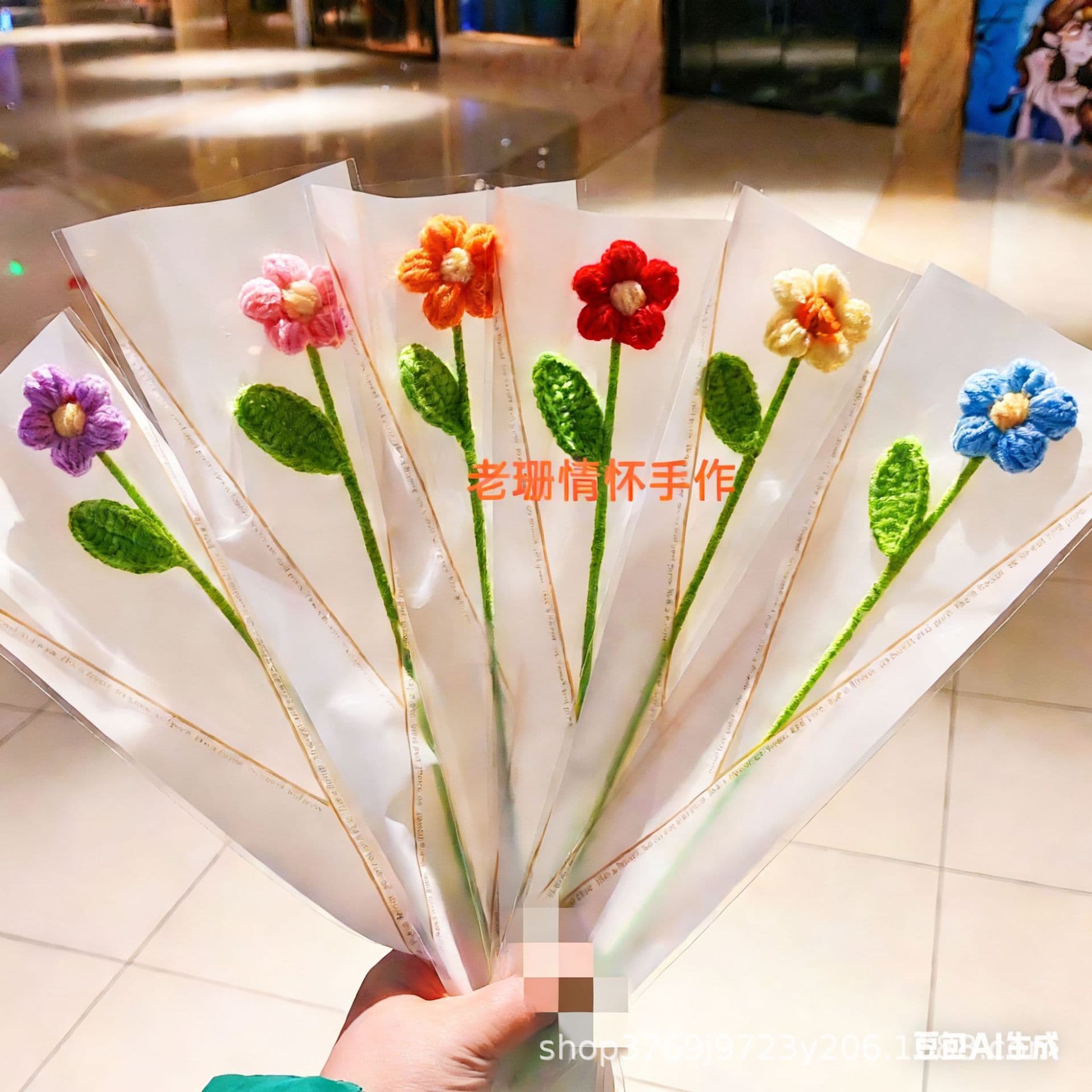 Cross-border pure handmade wool knitted puff small red flower simulation single flower finished product creative festive New Year gift 3