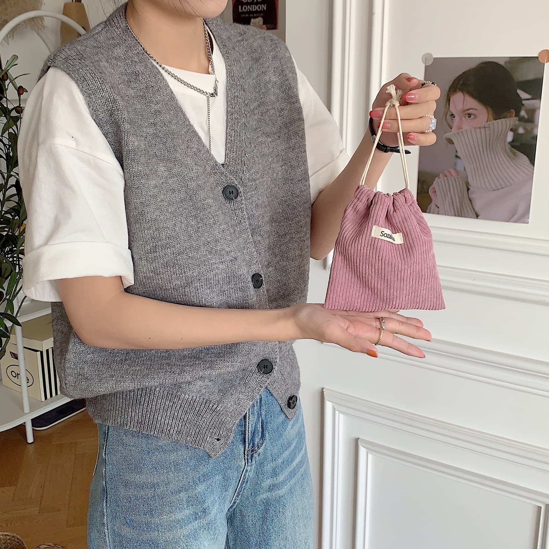 Solid color storage bag, cosmetic bag, handheld capacious shoulder bag, drawstring 4