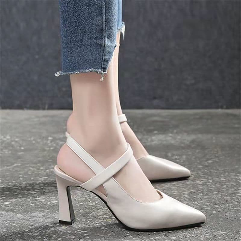 34--42 Soft leather high-heeled shoes 2024 Summer new pointed tip bald head versatile thick heel with mother sandals 3