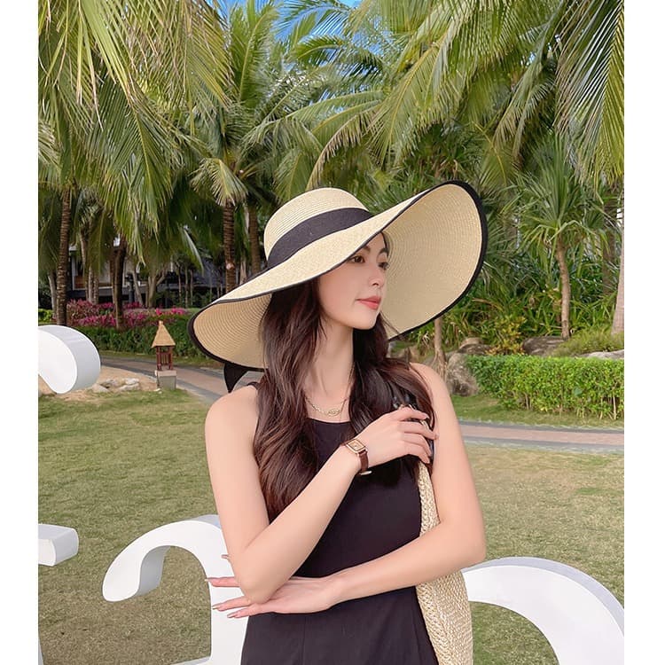 Big summer beach sun hat with bow solar-powered, sun protection 2