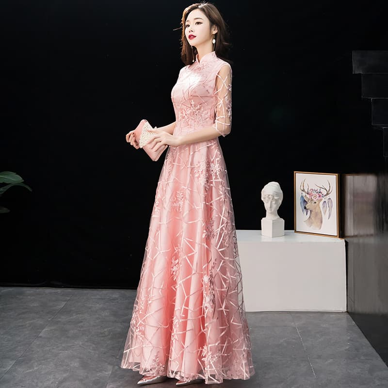 Bridesmaid dress, fuchsia colored long evening dress, simple cut, Chinese style, graduation party 2