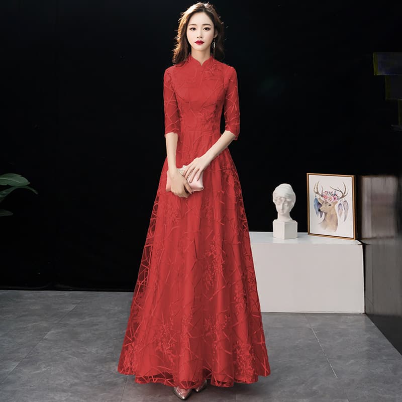 Bridesmaid dress, fuchsia colored long evening dress, simple cut, Chinese style, graduation party 4