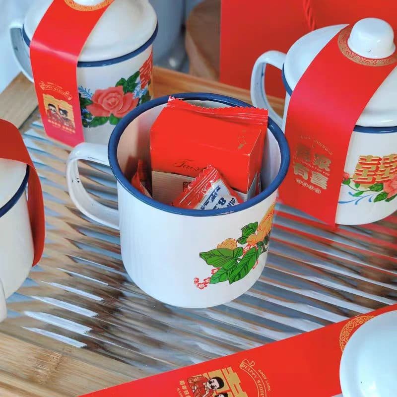 Double Happiness enamel cup red iron tea jar with lid wedding outfit retro mug Double Happiness wedding festive 2