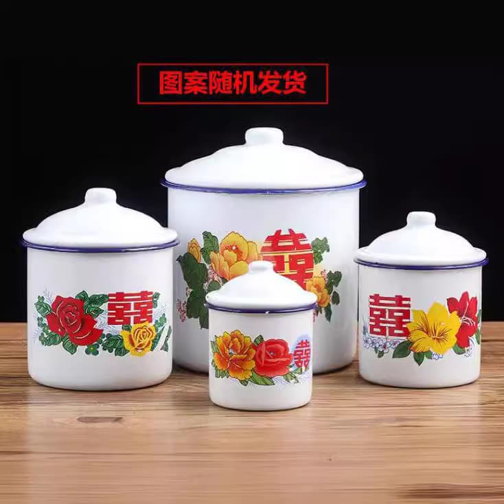 Double Happiness enamel cup red iron tea jar with lid wedding outfit retro mug Double Happiness wedding festive 4