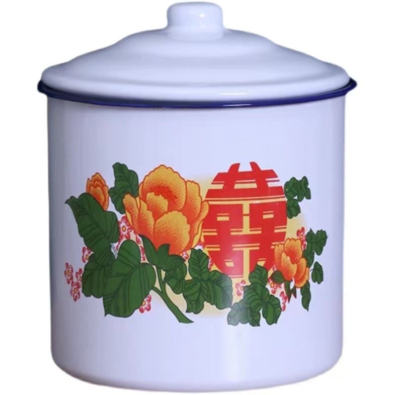 Double Happiness enamel cup red iron tea jar with lid wedding outfit retro mug Double Happiness wedding festive 5