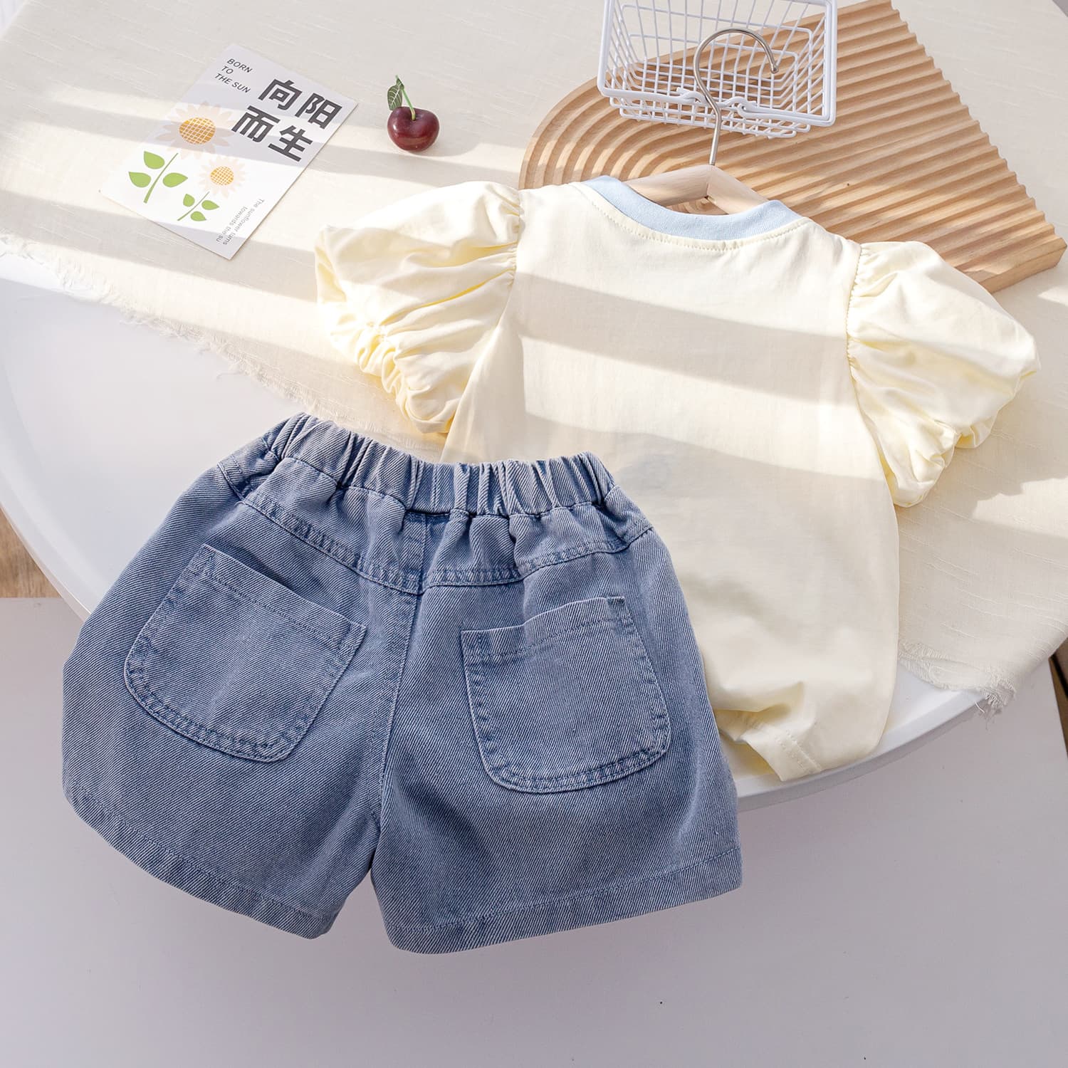 Set, summer short sleeve T-shirt, universal denim skirt, children's shorts, Korean style, simple and elegant design 2