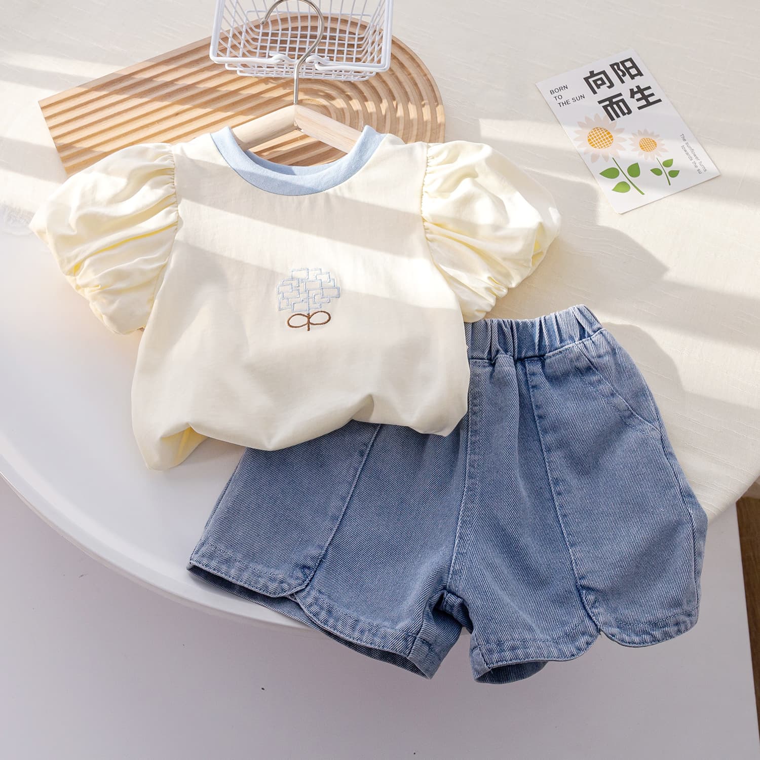 Set, summer short sleeve T-shirt, universal denim skirt, children's shorts, Korean style, simple and elegant design