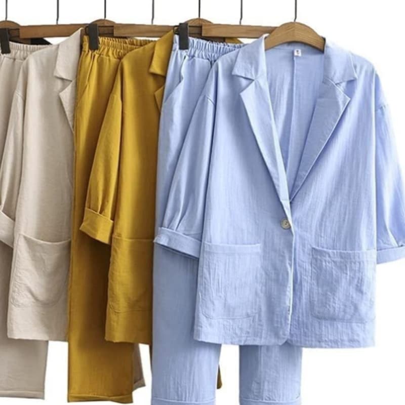 Autumn set, jacket, trousers for leisure, European style, cotton and linen, loose fit