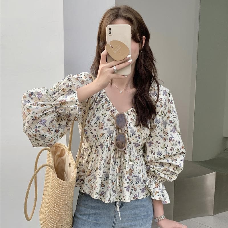 Korean design-soft floral one-shoulder drawstring design-sensory top for women looking slim and sweet shirt in summer 2
