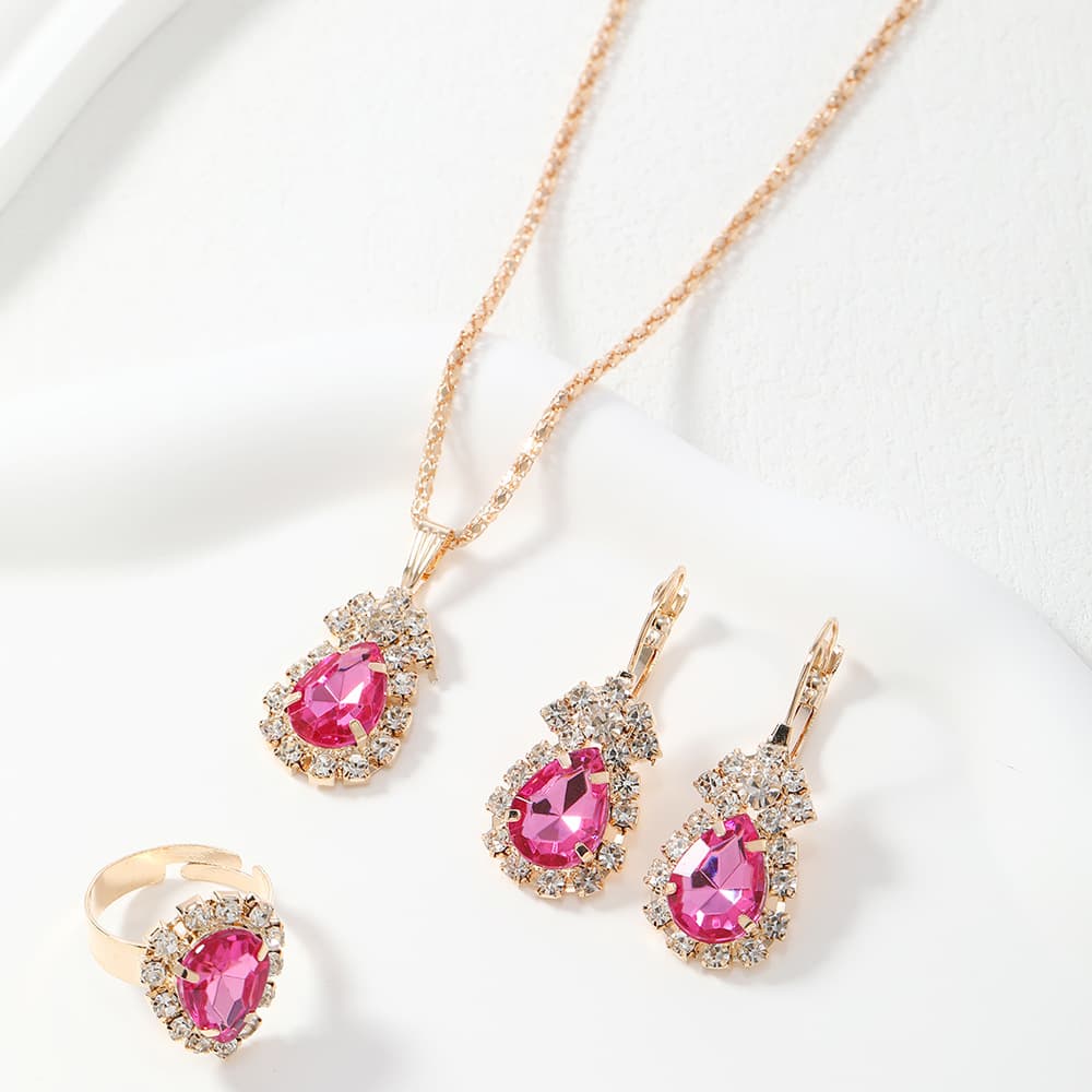 (Cross-border trading), design elegant red blue set, wedding ring, necklace for bride, chain, high-quality style, 3 piece set 3