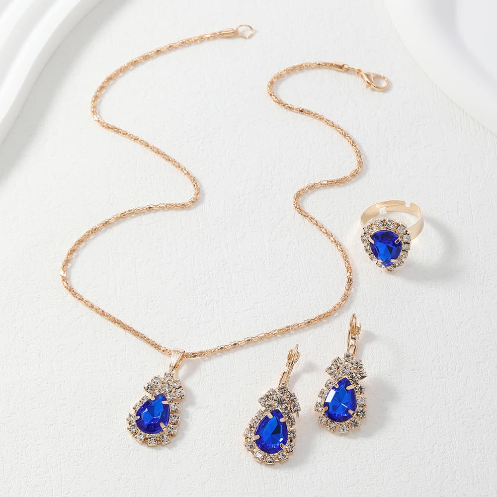 (Cross-border trading), design elegant red blue set, wedding ring, necklace for bride, chain, high-quality style, 3 piece set 4