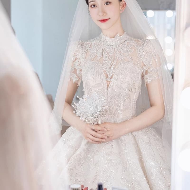 Bride's main wedding dress 2026 new bride's main yarn French heavy industry luxury retro texture starry sky long tail wedding dress 3