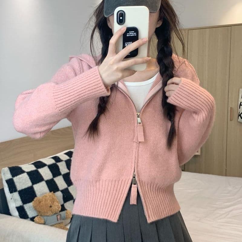 Autumn cardigan with zipper with hood, short sweater, jacket 4