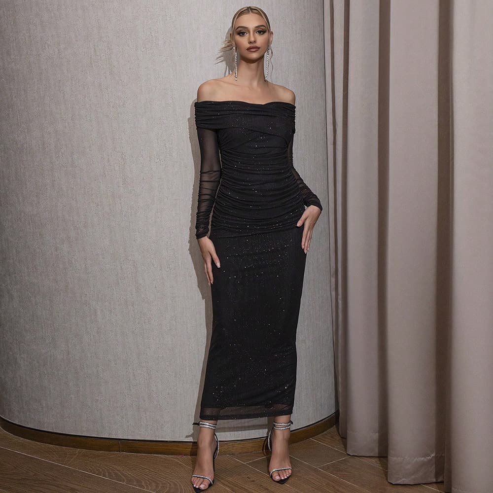 Autumn sexy tube top, long-sleeve, long evening dress, Amazon, European style, bright catchy style