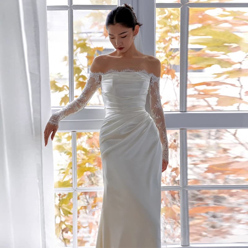 Wedding dress, fitted lace long-sleeve, evening dress, open shoulders, lace dress 2