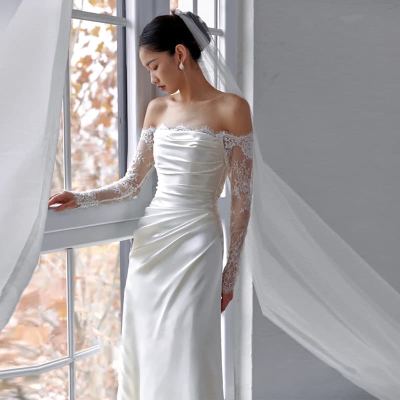 Wedding dress, fitted lace long-sleeve, evening dress, open shoulders, lace dress 3