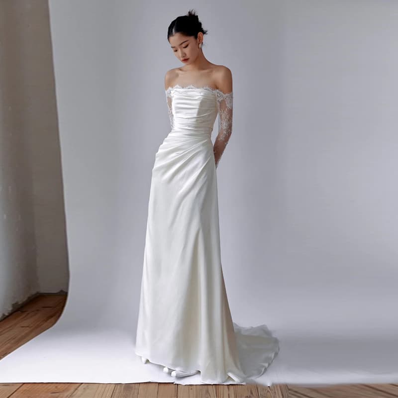 Wedding dress, fitted lace long-sleeve, evening dress, open shoulders, lace dress