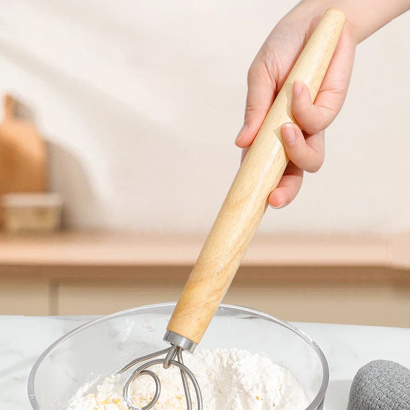 Egg whisk oak handle manual powder whisk flour whisk stainless steel dough coil mixer kitchen tools 3