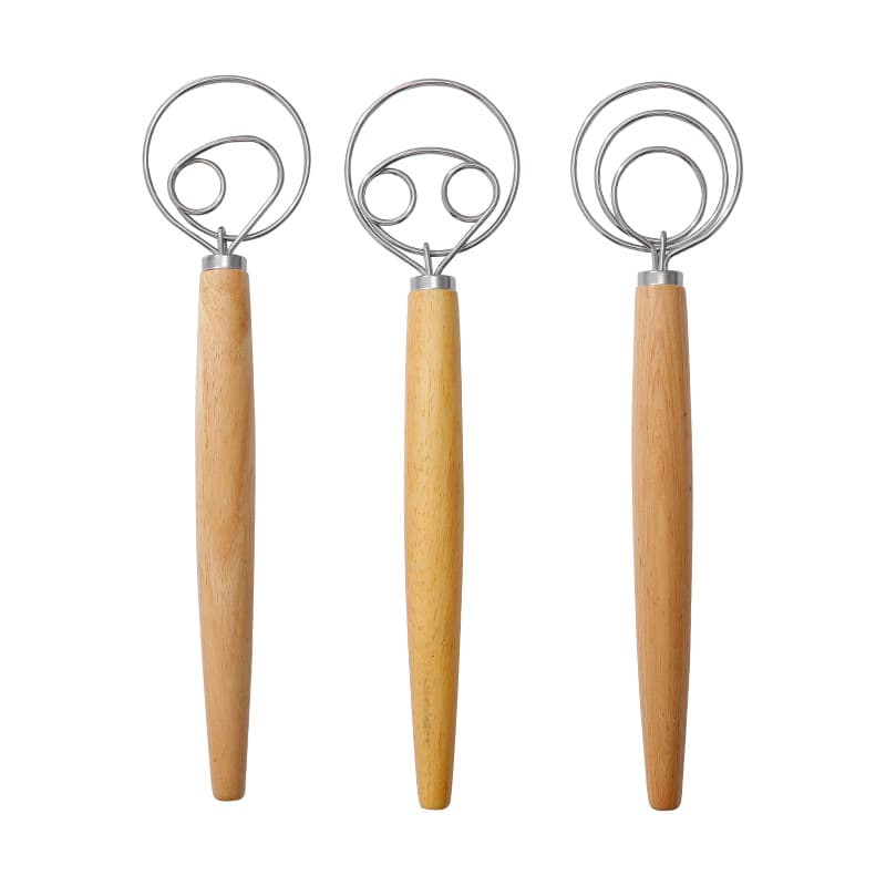 Egg whisk oak handle manual powder whisk flour whisk stainless steel dough coil mixer kitchen tools 5
