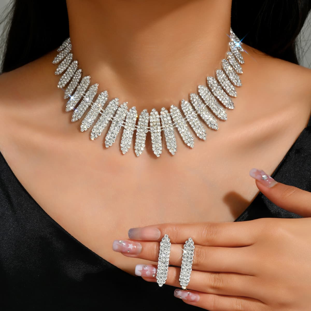 Set for bride, necklace and earrings, wedding dress, accessory, Amazon, diamond encrusted, 2 piece set 3